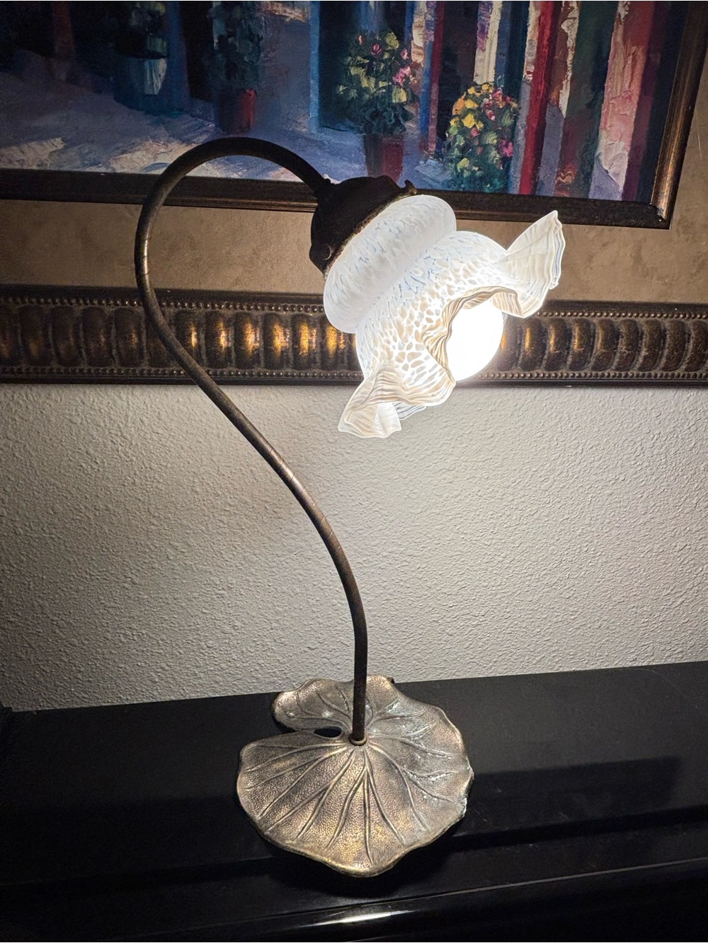 Vintage Glass Shade Table Lamp with Leaf Base